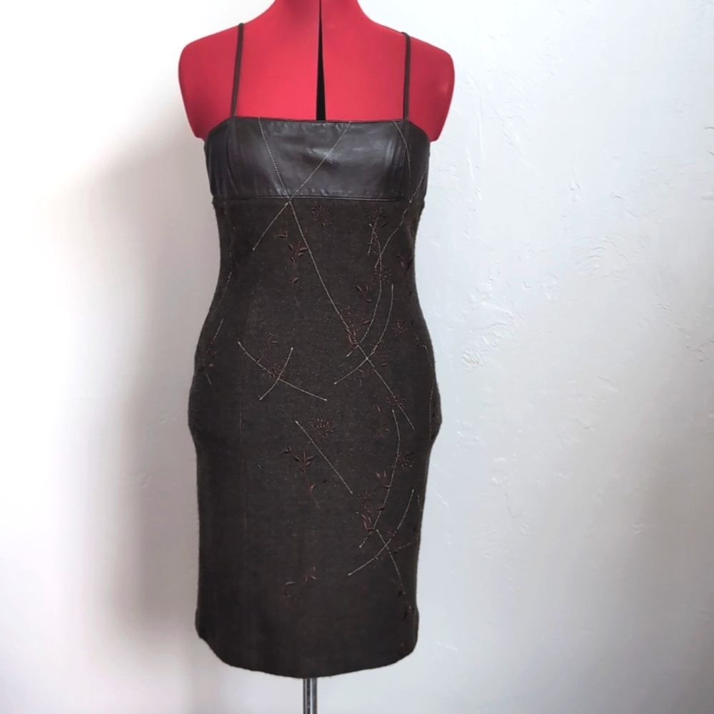 Vintage Rickie Freeman Teri Jon Knitwear Wool and Leather Dress Size Sma…